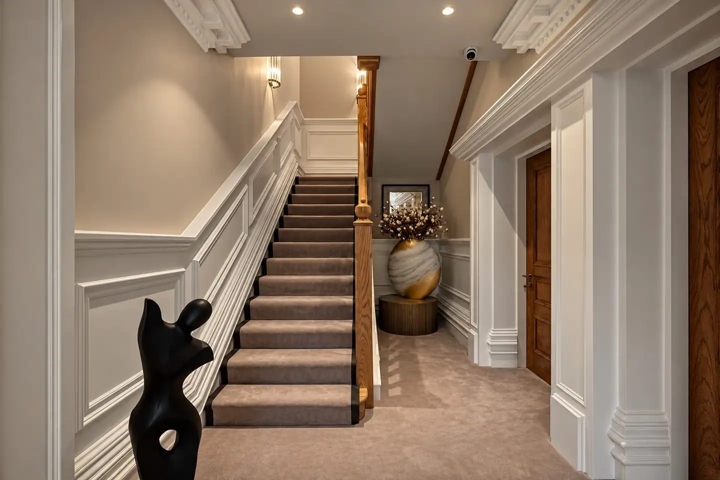 Carpeted staircase with a black sculpture in the foreground